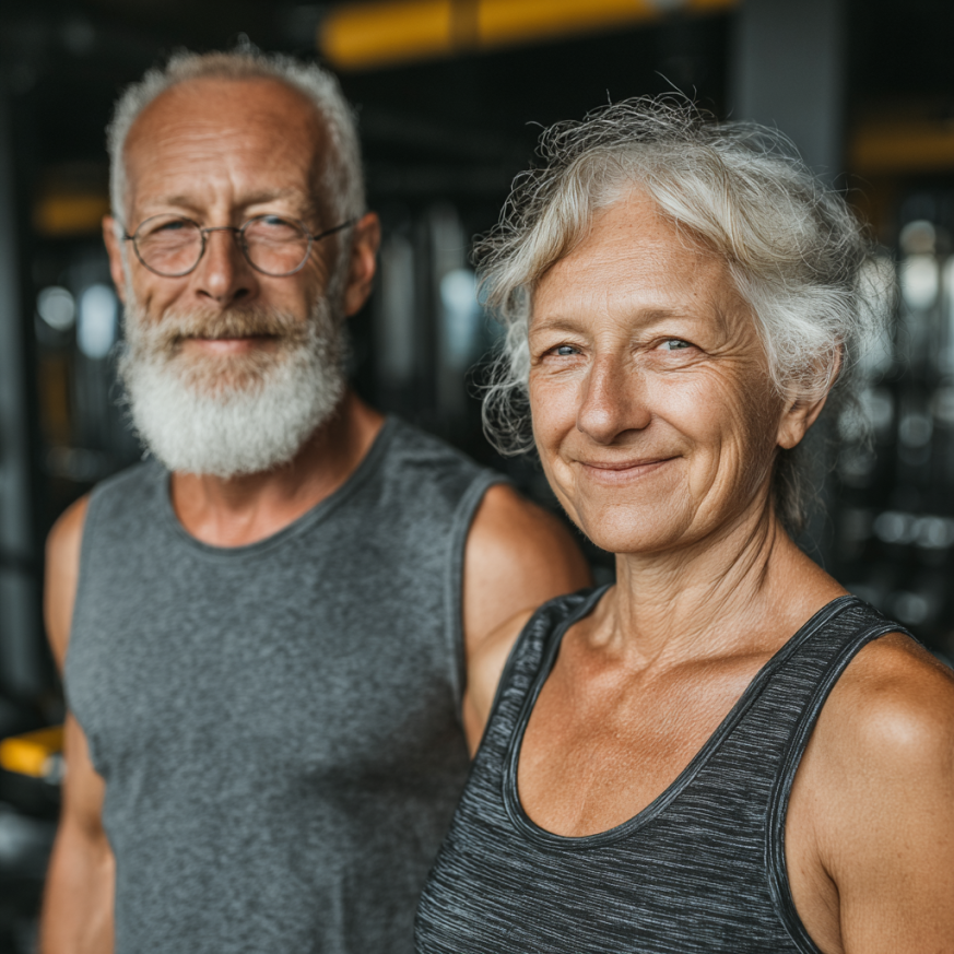 Літні люди займаються йогою на природі